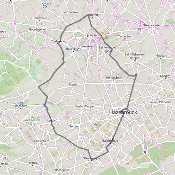 Map miniature of "The Steenbecque - Lynde Loop" cycling inspiration in Nord-Pas de Calais, France. Generated by Tarmacs.app cycling route planner