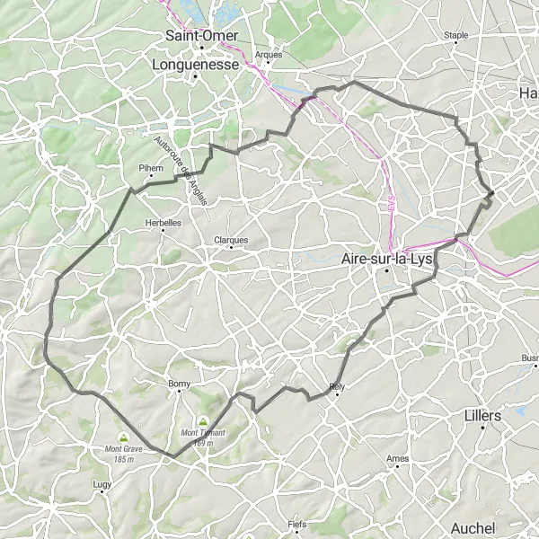 Map miniature of "The Steenbecque - Campagne-lès-Wardrecques Challenge" cycling inspiration in Nord-Pas de Calais, France. Generated by Tarmacs.app cycling route planner