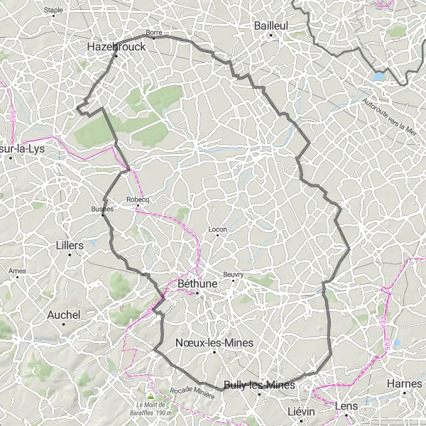 Map miniature of "The Merris - Haverskerque Loop" cycling inspiration in Nord-Pas de Calais, France. Generated by Tarmacs.app cycling route planner