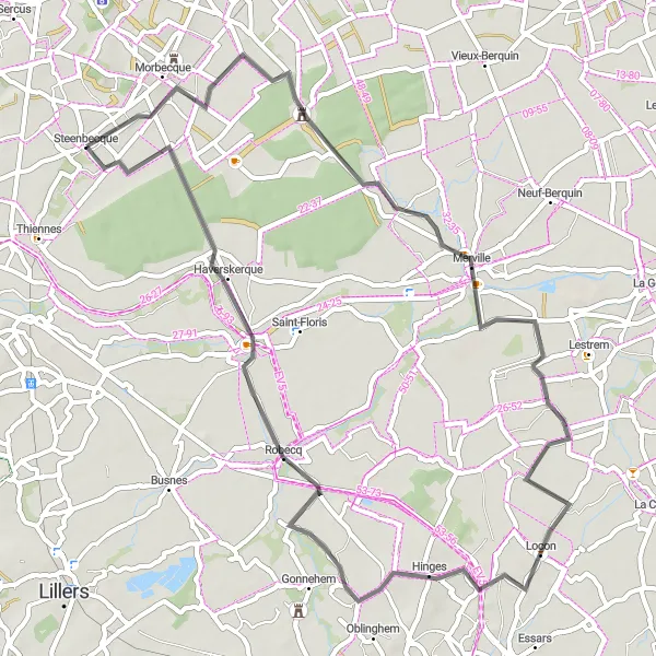 Map miniature of "Road Route from Steenbecque to Steenbecque" cycling inspiration in Nord-Pas de Calais, France. Generated by Tarmacs.app cycling route planner