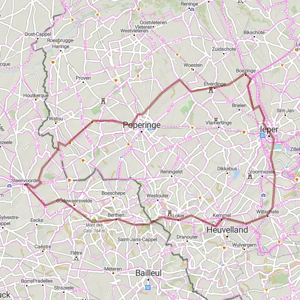 Map miniature of "Poperinge to Godewaersvelde Gravel Ride" cycling inspiration in Nord-Pas de Calais, France. Generated by Tarmacs.app cycling route planner