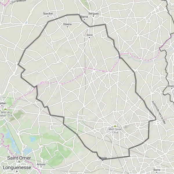 Map miniature of "Saint-Sylvestre-Cappel to Steenvoorde Road Biking Adventure" cycling inspiration in Nord-Pas de Calais, France. Generated by Tarmacs.app cycling route planner