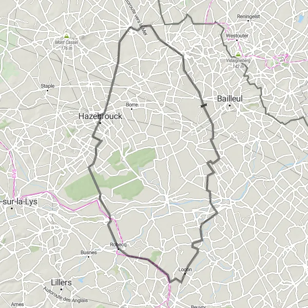 Map miniature of "Godewaersvelde and Mont des Cats Circuit" cycling inspiration in Nord-Pas de Calais, France. Generated by Tarmacs.app cycling route planner