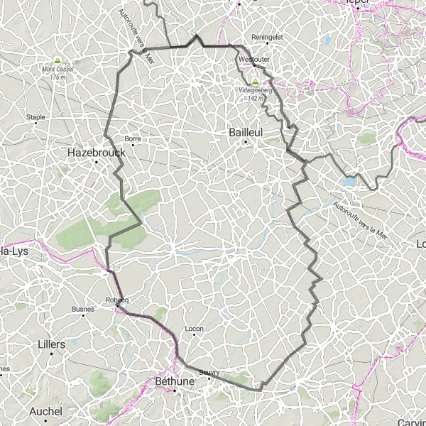 Miniature de la carte de l'inspiration cycliste "Les collines et villages de Flandre" dans la Nord-Pas de Calais, France. Générée par le planificateur d'itinéraire cycliste Tarmacs.app