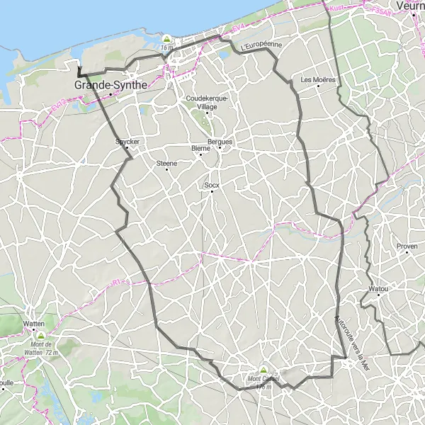 Map miniature of "Mont des Récollets and Steenvoorde Loop" cycling inspiration in Nord-Pas de Calais, France. Generated by Tarmacs.app cycling route planner