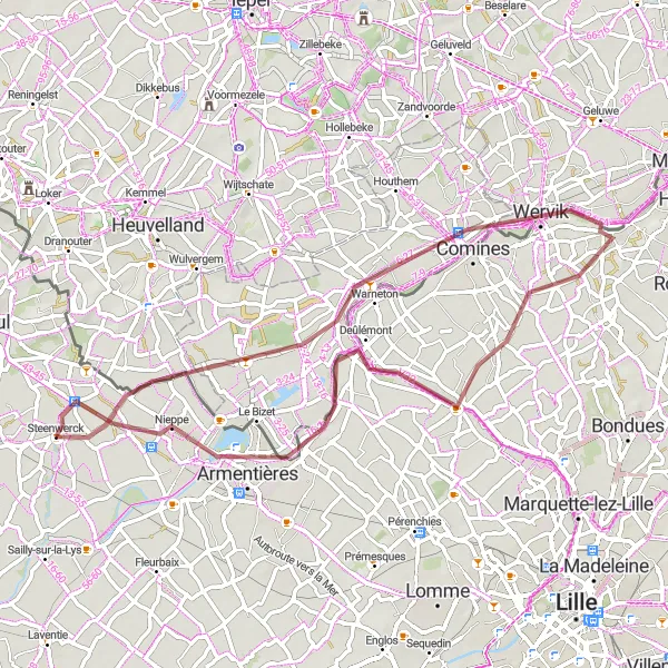 Miniature de la carte de l'inspiration cycliste "Parcours Gravel et Nature" dans la Nord-Pas de Calais, France. Générée par le planificateur d'itinéraire cycliste Tarmacs.app