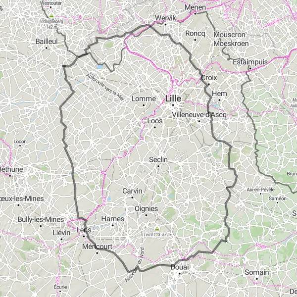 Miniature de la carte de l'inspiration cycliste "Circuit du Patrimoine Historique" dans la Nord-Pas de Calais, France. Générée par le planificateur d'itinéraire cycliste Tarmacs.app