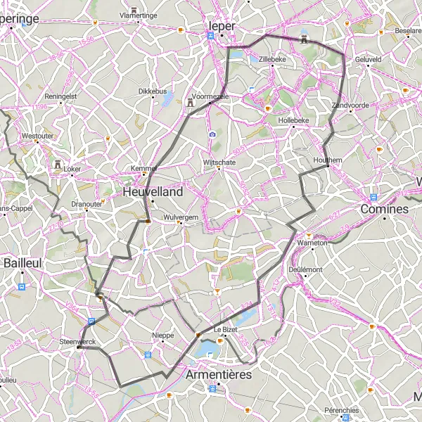 Miniature de la carte de l'inspiration cycliste "Les collines sauvages de la frontière" dans la Nord-Pas de Calais, France. Générée par le planificateur d'itinéraire cycliste Tarmacs.app