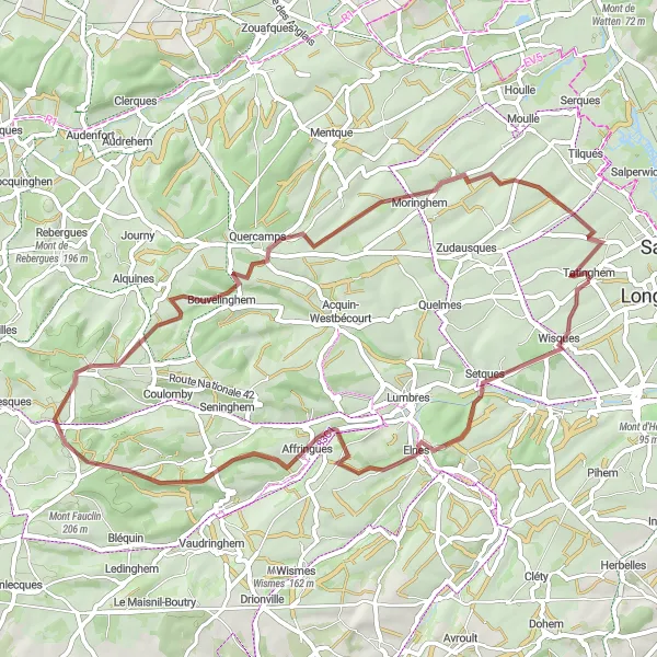 Miniature de la carte de l'inspiration cycliste "Les collines de Tatinghem" dans la Nord-Pas de Calais, France. Générée par le planificateur d'itinéraire cycliste Tarmacs.app