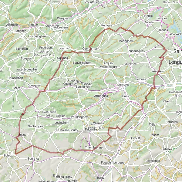 Miniature de la carte de l'inspiration cycliste "Les collines du Pas-de-Calais" dans la Nord-Pas de Calais, France. Générée par le planificateur d'itinéraire cycliste Tarmacs.app
