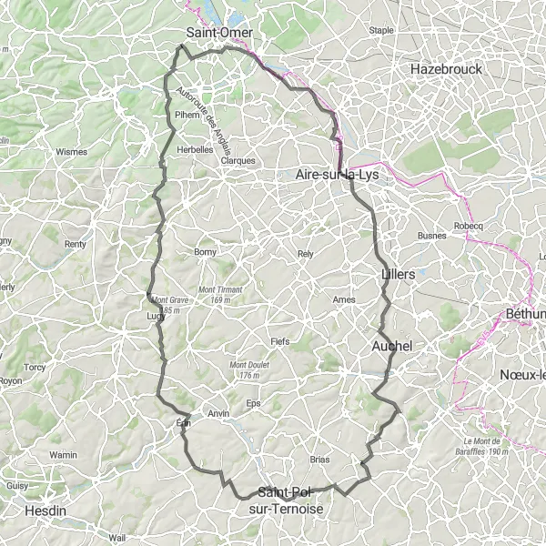Miniature de la carte de l'inspiration cycliste "Les Vallées de Wardrecques et Érin" dans la Nord-Pas de Calais, France. Générée par le planificateur d'itinéraire cycliste Tarmacs.app
