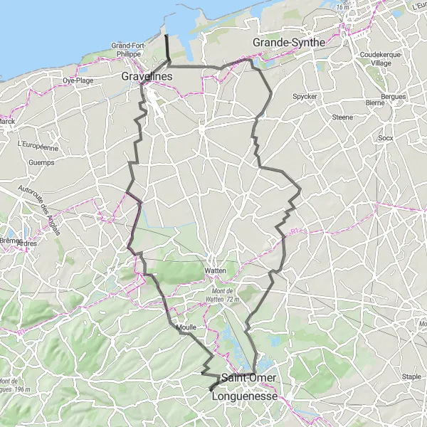Miniature de la carte de l'inspiration cycliste "Vers les côtes de Gravelines" dans la Nord-Pas de Calais, France. Générée par le planificateur d'itinéraire cycliste Tarmacs.app