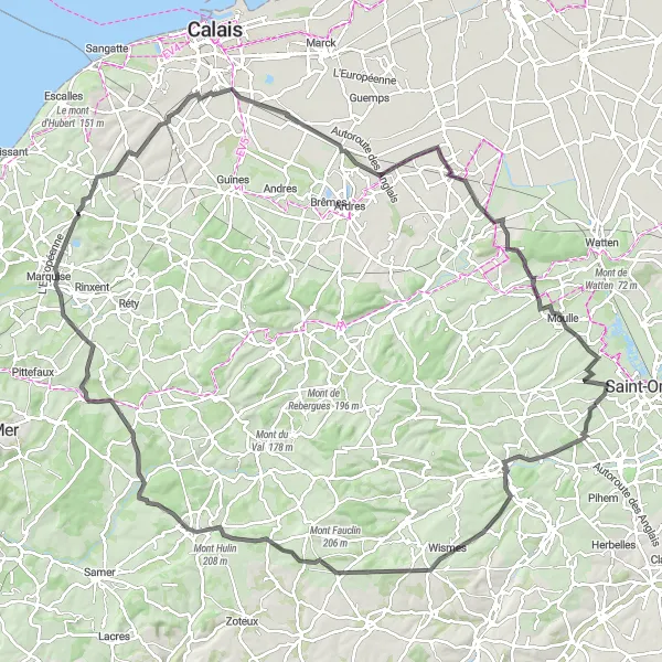 Miniature de la carte de l'inspiration cycliste "Les Hauts de Wierre-Effroy" dans la Nord-Pas de Calais, France. Générée par le planificateur d'itinéraire cycliste Tarmacs.app