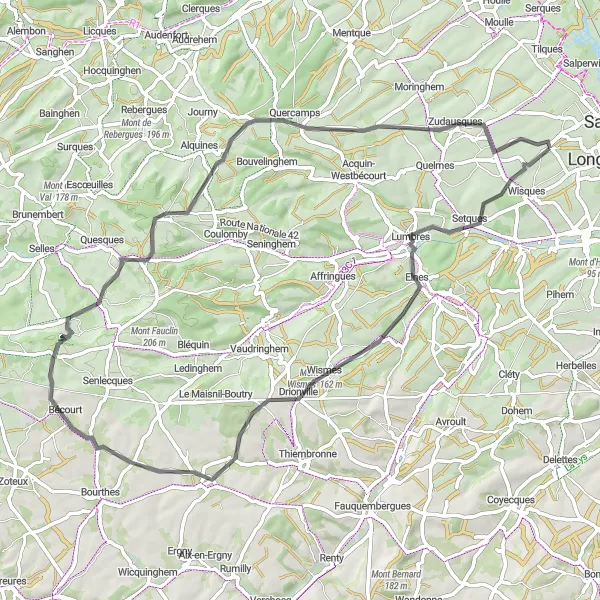 Miniature de la carte de l'inspiration cycliste "Les collines du Boulonnais" dans la Nord-Pas de Calais, France. Générée par le planificateur d'itinéraire cycliste Tarmacs.app