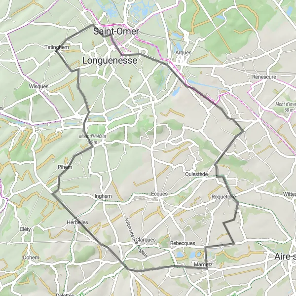 Miniature de la carte de l'inspiration cycliste "Escapade à Glomenghem et Pihem" dans la Nord-Pas de Calais, France. Générée par le planificateur d'itinéraire cycliste Tarmacs.app