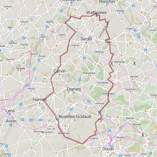 Map miniature of "The Gravel Challenge: Templemars to Carvin" cycling inspiration in Nord-Pas de Calais, France. Generated by Tarmacs.app cycling route planner