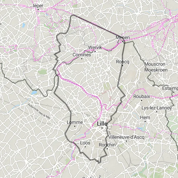 Map miniature of "A Road Cycling Paradise: Hallennes-lez-Haubourdin to Faches-Thumesnil" cycling inspiration in Nord-Pas de Calais, France. Generated by Tarmacs.app cycling route planner