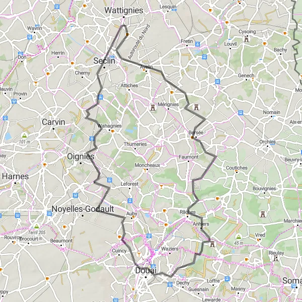 Map miniature of "Avelin to Seclin Road Adventure" cycling inspiration in Nord-Pas de Calais, France. Generated by Tarmacs.app cycling route planner
