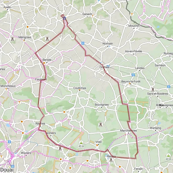 Map miniature of "Exploring Orchies & Marchiennes" cycling inspiration in Nord-Pas de Calais, France. Generated by Tarmacs.app cycling route planner