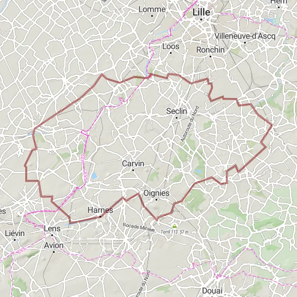 Map miniature of "Gravel Cycling to Thumeries" cycling inspiration in Nord-Pas de Calais, France. Generated by Tarmacs.app cycling route planner