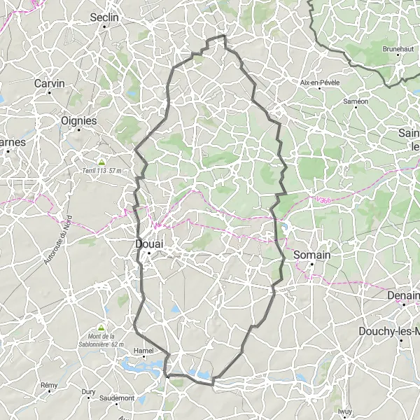 Map miniature of "Orchies and Beyond Road Cycling Route" cycling inspiration in Nord-Pas de Calais, France. Generated by Tarmacs.app cycling route planner