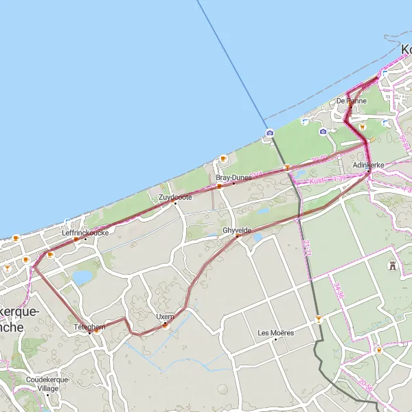 Miniature de la carte de l'inspiration cycliste "Parcours des Dunes de Téteghem" dans la Nord-Pas de Calais, France. Générée par le planificateur d'itinéraire cycliste Tarmacs.app