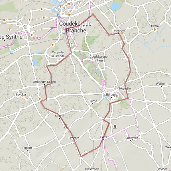 Miniature de la carte de l'inspiration cycliste "Circuit Hoymille-Crochte-Coudekerque-Branche" dans la Nord-Pas de Calais, France. Générée par le planificateur d'itinéraire cycliste Tarmacs.app