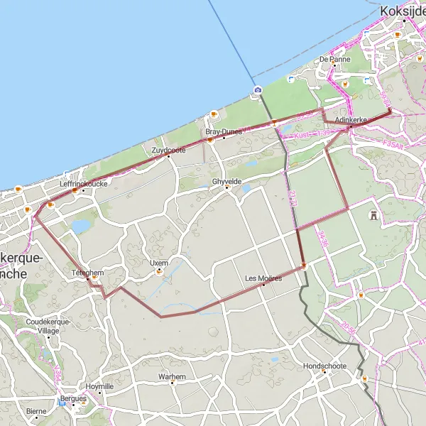 Miniature de la carte de l'inspiration cycliste "Exploration des Terres Flamandes" dans la Nord-Pas de Calais, France. Générée par le planificateur d'itinéraire cycliste Tarmacs.app