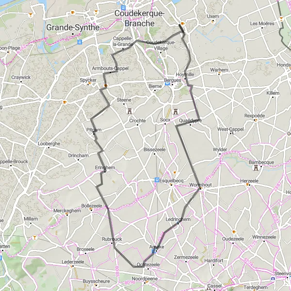 Miniature de la carte de l'inspiration cycliste "Circuit pittoresque autour de Téteghem" dans la Nord-Pas de Calais, France. Générée par le planificateur d'itinéraire cycliste Tarmacs.app