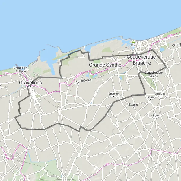 Map miniature of "Road Cycling Tour through Spycker, Saint-Omer-Capelle, and Dunkirk" cycling inspiration in Nord-Pas de Calais, France. Generated by Tarmacs.app cycling route planner