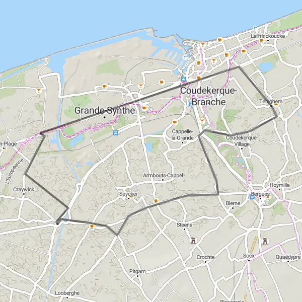Miniature de la carte de l'inspiration cycliste "Tour de Coudekerque-Village-Spycker-Craywick-Dunkerque" dans la Nord-Pas de Calais, France. Générée par le planificateur d'itinéraire cycliste Tarmacs.app