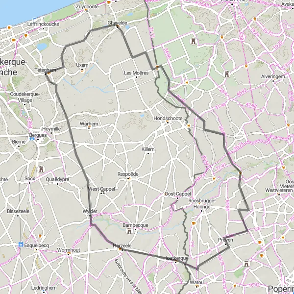 Miniature de la carte de l'inspiration cycliste "Tour des villages Flamands" dans la Nord-Pas de Calais, France. Générée par le planificateur d'itinéraire cycliste Tarmacs.app