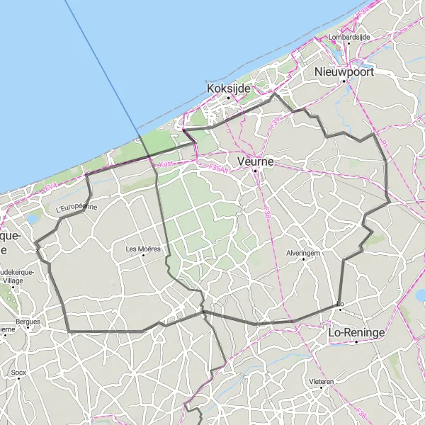 Miniature de la carte de l'inspiration cycliste "Tour de la Côte d'Opale" dans la Nord-Pas de Calais, France. Générée par le planificateur d'itinéraire cycliste Tarmacs.app