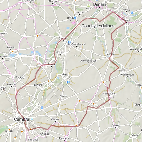 Miniature de la carte de l'inspiration cycliste "Aventure Gravel à Thiant" dans la Nord-Pas de Calais, France. Générée par le planificateur d'itinéraire cycliste Tarmacs.app