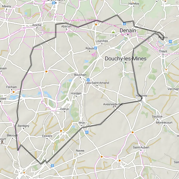 Miniature de la carte de l'inspiration cycliste "Tour de Thiant en Évasion Rurale" dans la Nord-Pas de Calais, France. Générée par le planificateur d'itinéraire cycliste Tarmacs.app