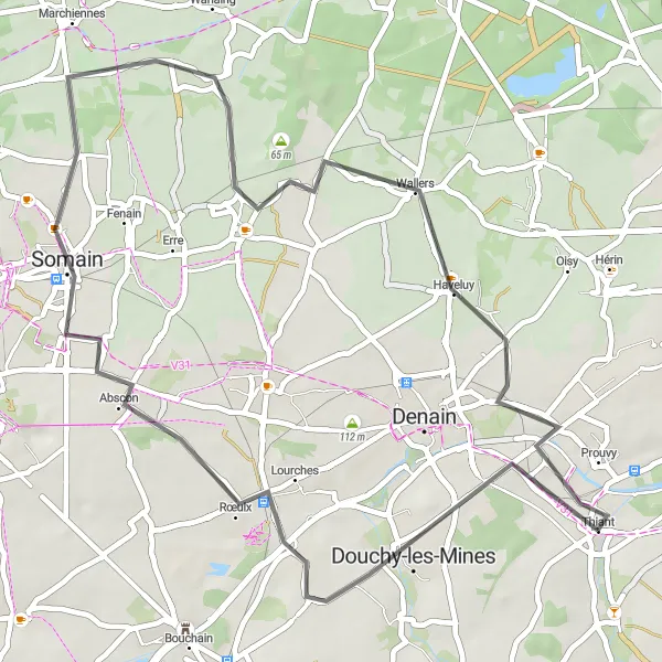 Miniature de la carte de l'inspiration cycliste "Boucle autour de Thiant" dans la Nord-Pas de Calais, France. Générée par le planificateur d'itinéraire cycliste Tarmacs.app