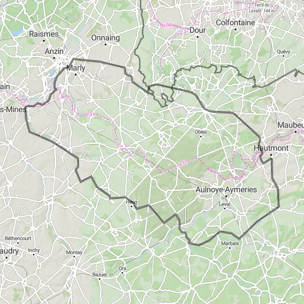 Map miniature of "Exploring Valenciennes and Bavay" cycling inspiration in Nord-Pas de Calais, France. Generated by Tarmacs.app cycling route planner