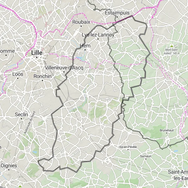 Map miniature of "Lesquin Loop" cycling inspiration in Nord-Pas de Calais, France. Generated by Tarmacs.app cycling route planner