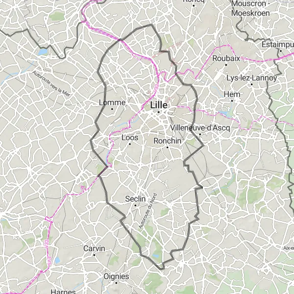 Map miniature of "Spectacular Road Cycling Route near Thumeries" cycling inspiration in Nord-Pas de Calais, France. Generated by Tarmacs.app cycling route planner