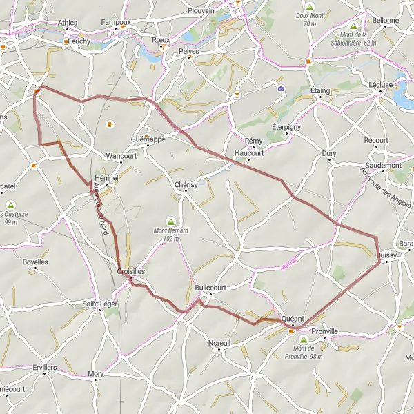 Miniature de la carte de l'inspiration cycliste "Aventure autour de Villers-lès-Cagnicourt" dans la Nord-Pas de Calais, France. Générée par le planificateur d'itinéraire cycliste Tarmacs.app