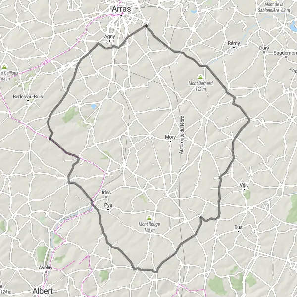 Map miniature of "Journey to the Battlefields" cycling inspiration in Nord-Pas de Calais, France. Generated by Tarmacs.app cycling route planner