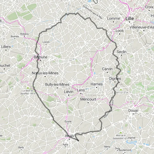 Map miniature of "The Hilly Route of Nord-Pas de Calais" cycling inspiration in Nord-Pas de Calais, France. Generated by Tarmacs.app cycling route planner