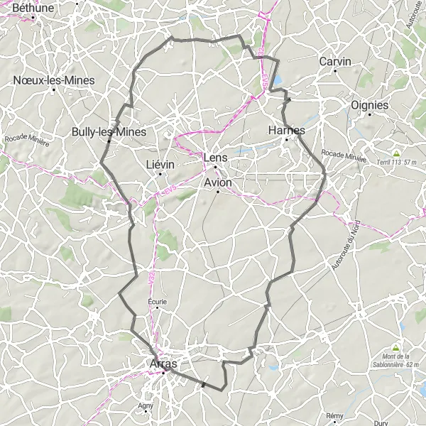 Map miniature of "Journey Through Valleys" cycling inspiration in Nord-Pas de Calais, France. Generated by Tarmacs.app cycling route planner