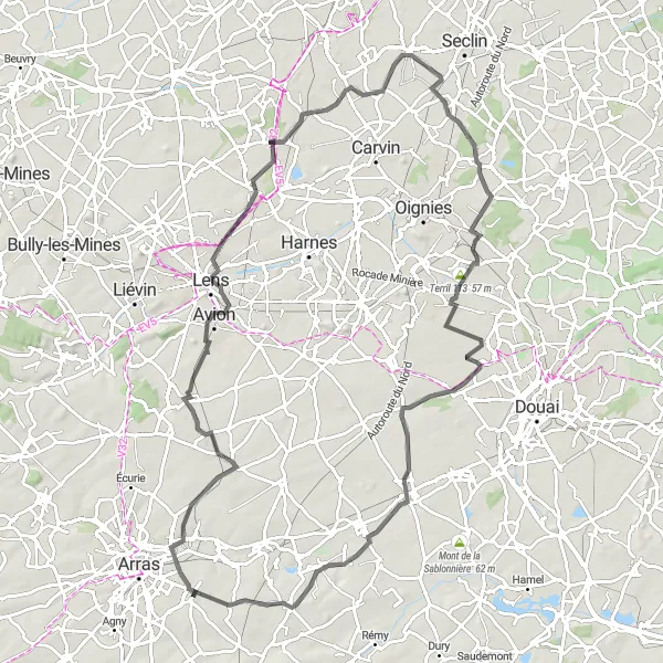 Map miniature of "The Road to History" cycling inspiration in Nord-Pas de Calais, France. Generated by Tarmacs.app cycling route planner