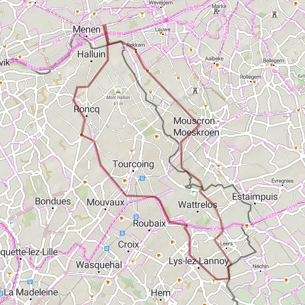Miniature de la carte de l'inspiration cycliste "Aventure Gravel à la Frontière" dans la Nord-Pas de Calais, France. Générée par le planificateur d'itinéraire cycliste Tarmacs.app