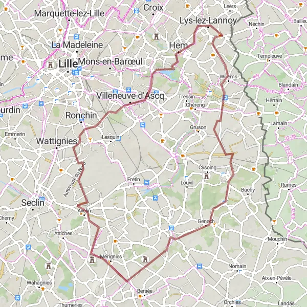 Map miniature of "Scenic Gravel Ride through Sailly-lez-Lannoy and Mérignies" cycling inspiration in Nord-Pas de Calais, France. Generated by Tarmacs.app cycling route planner