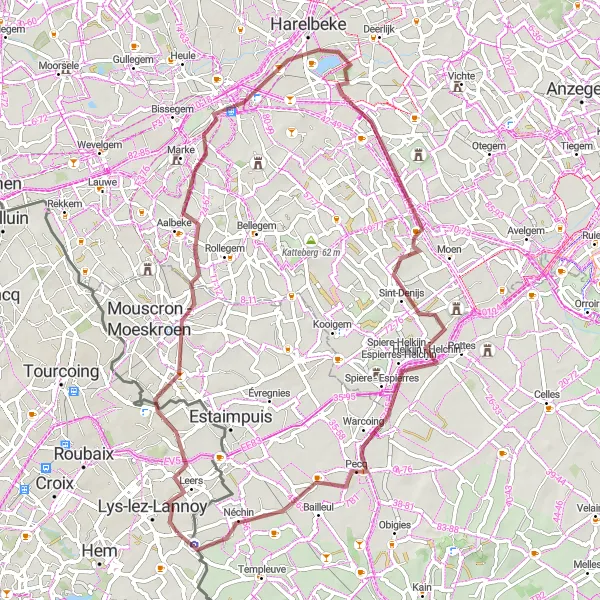 Map miniature of "Gravel Adventure through Lys-lez-Lannoy and Pecq" cycling inspiration in Nord-Pas de Calais, France. Generated by Tarmacs.app cycling route planner