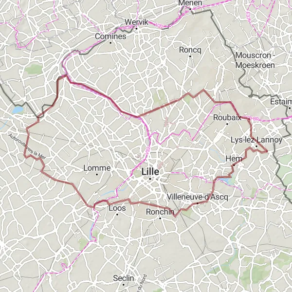 Map miniature of "Countryside Cycling: Ronchin to Wambrechies" cycling inspiration in Nord-Pas de Calais, France. Generated by Tarmacs.app cycling route planner
