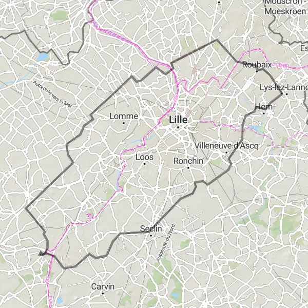 Map miniature of "Lesquin to Roubaix Loop" cycling inspiration in Nord-Pas de Calais, France. Generated by Tarmacs.app cycling route planner