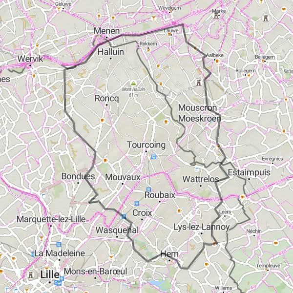 Miniature de la carte de l'inspiration cycliste "Randonnée à travers Bondues et Mouscron" dans la Nord-Pas de Calais, France. Générée par le planificateur d'itinéraire cycliste Tarmacs.app